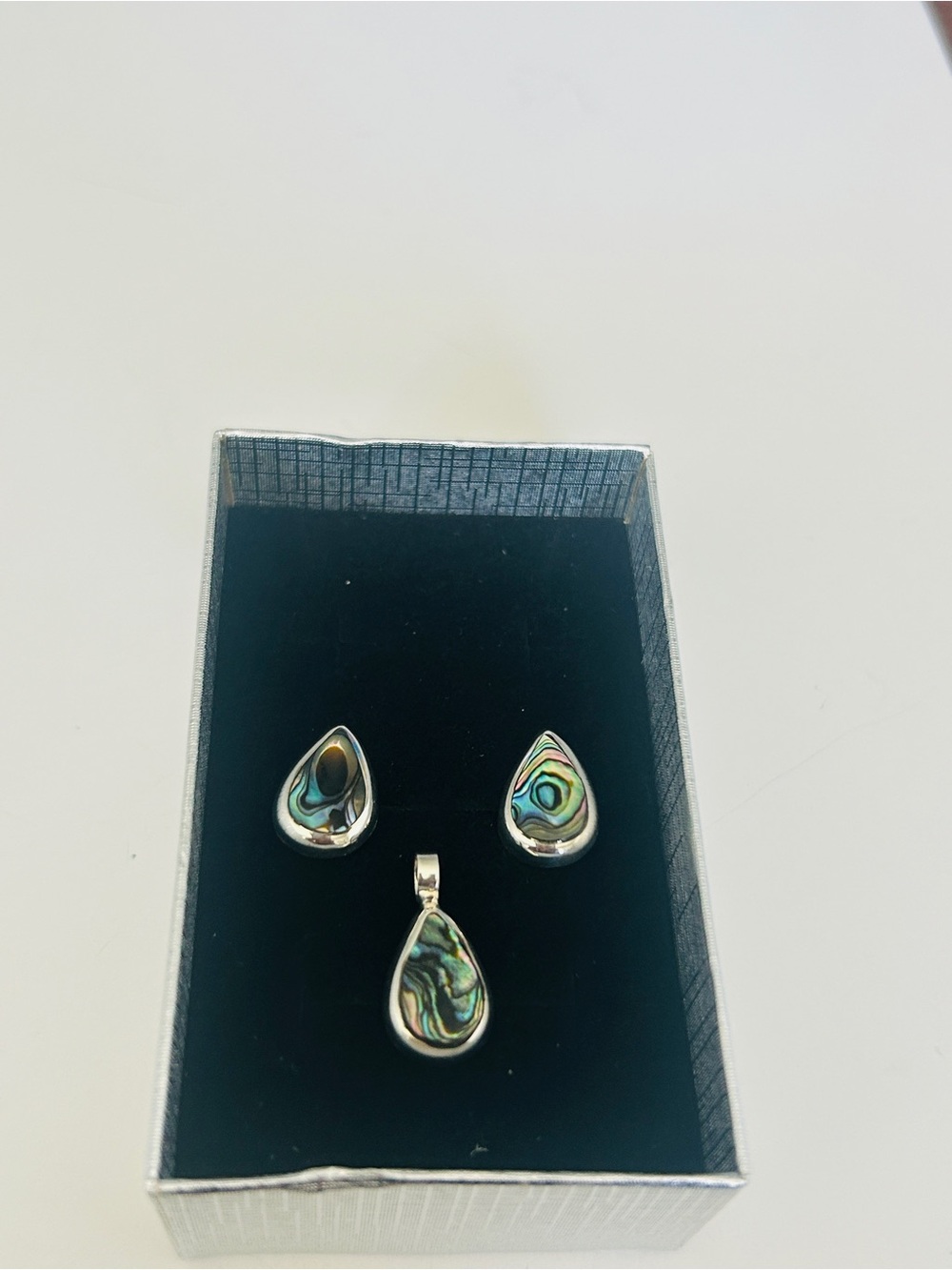Taxco Mexigo 925 Sterling Silver Abalone Shell Teardrop Earrings & Pendant Set